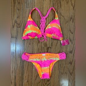 NWT Candie's Neon Tie-Dye Bikini bright pink /Orange /neon yellow XL top M bttm